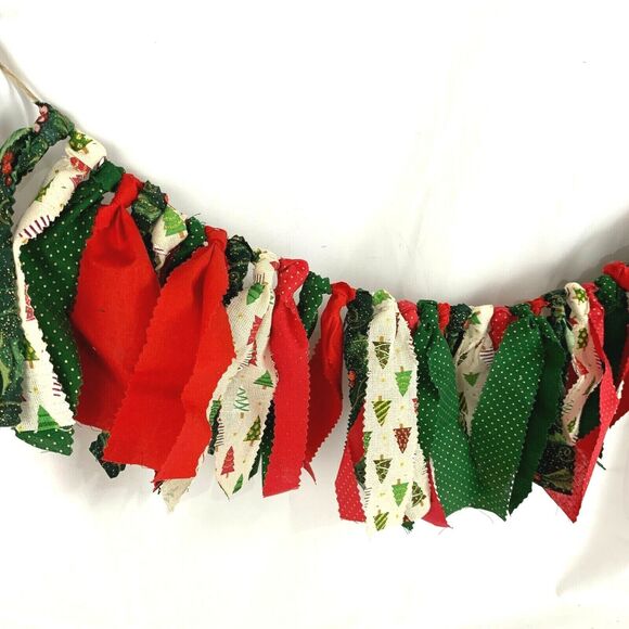 Holiday Rag Garland Bunting Home Decor Christmas Red Green Mantle 36" - Picture 1 of 9